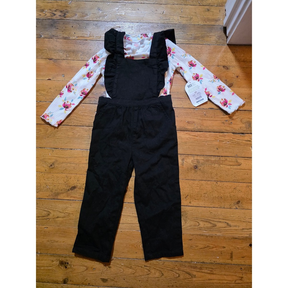 Wonder Nation Girls 2T Floral Ribbed Top and Ruffle Pinafore Overalls Set NWT